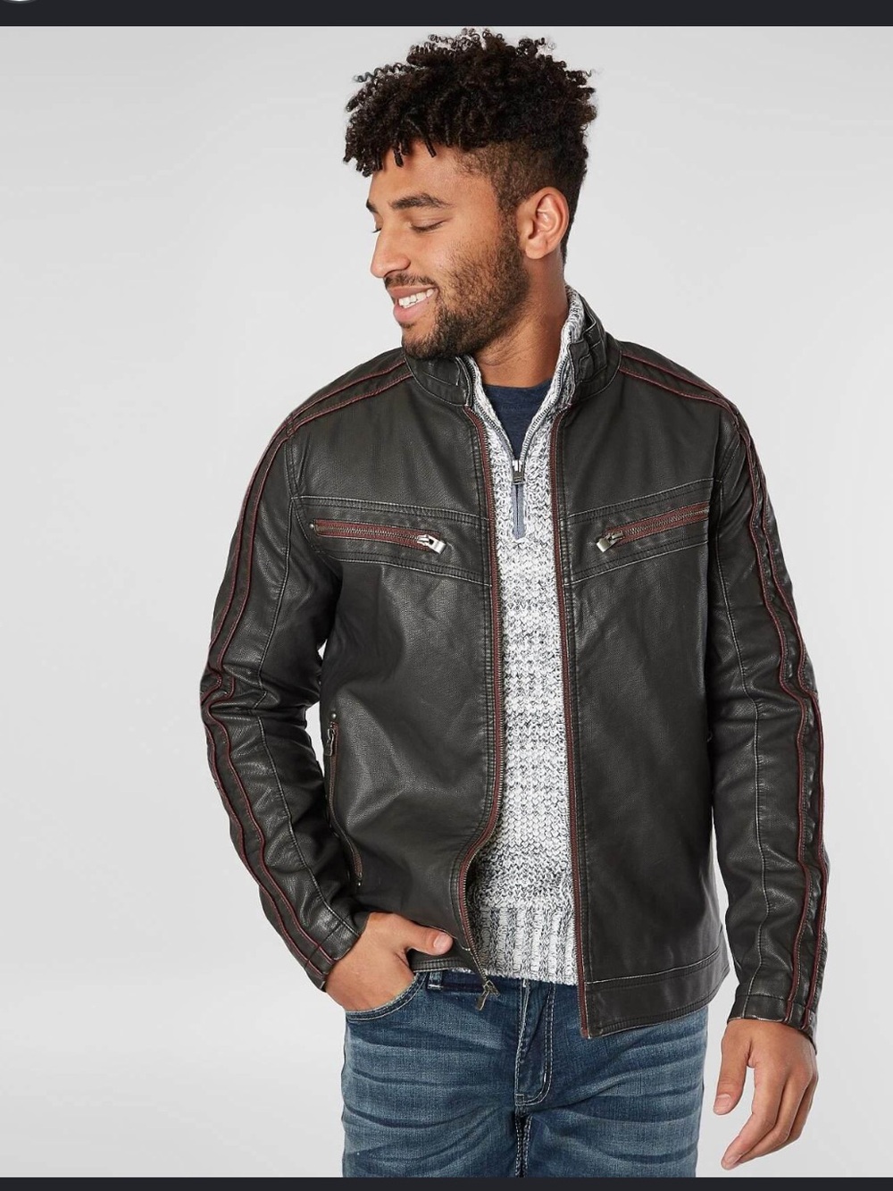 Men's Faux Leather Zip-Front Jacket with Contrast Stitching Motorcycle biker